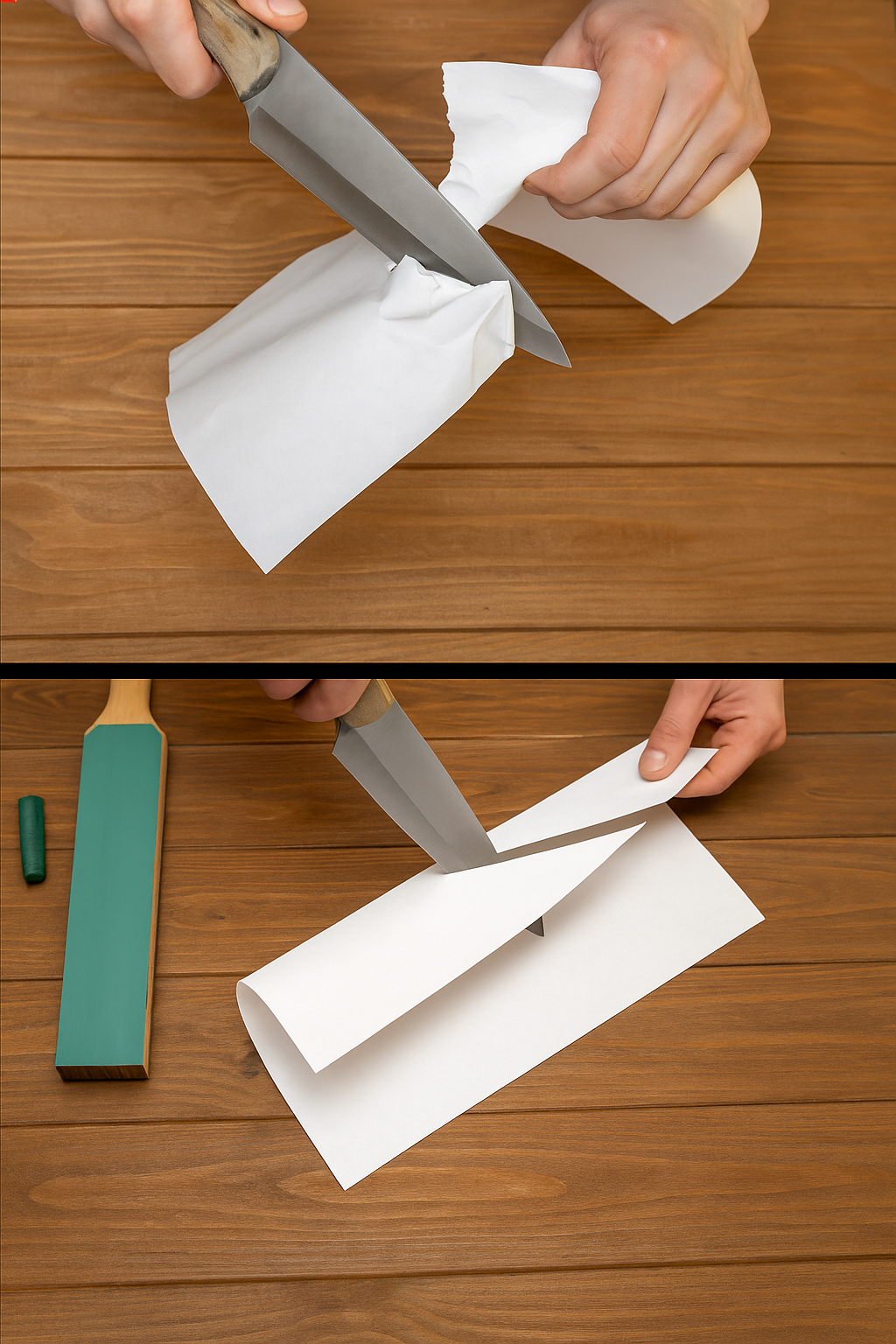 Before and after knife sharpening comparison showing dull knife tearing paper vs sharp knife cutting cleanly