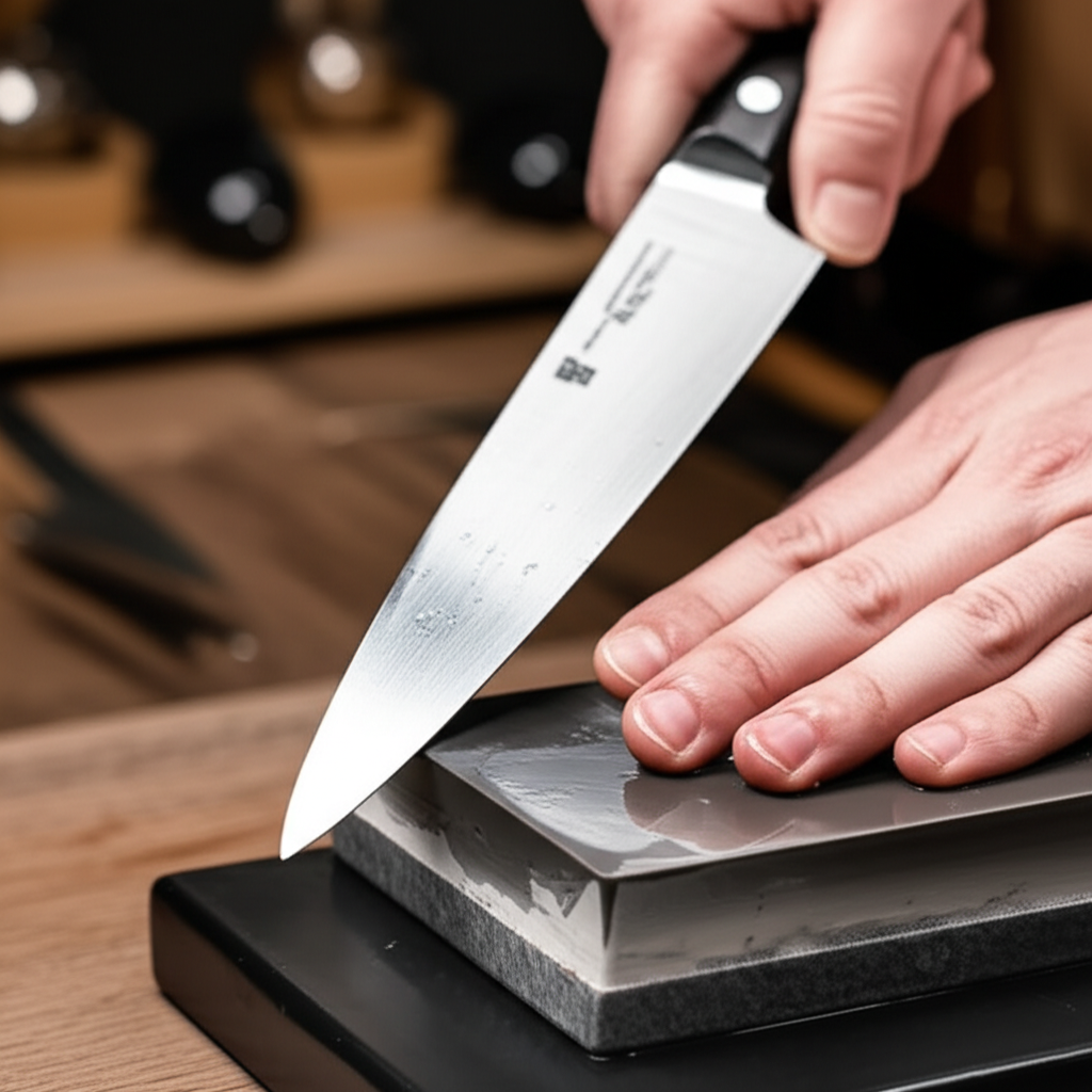 Professional knife sharpening on whetstone